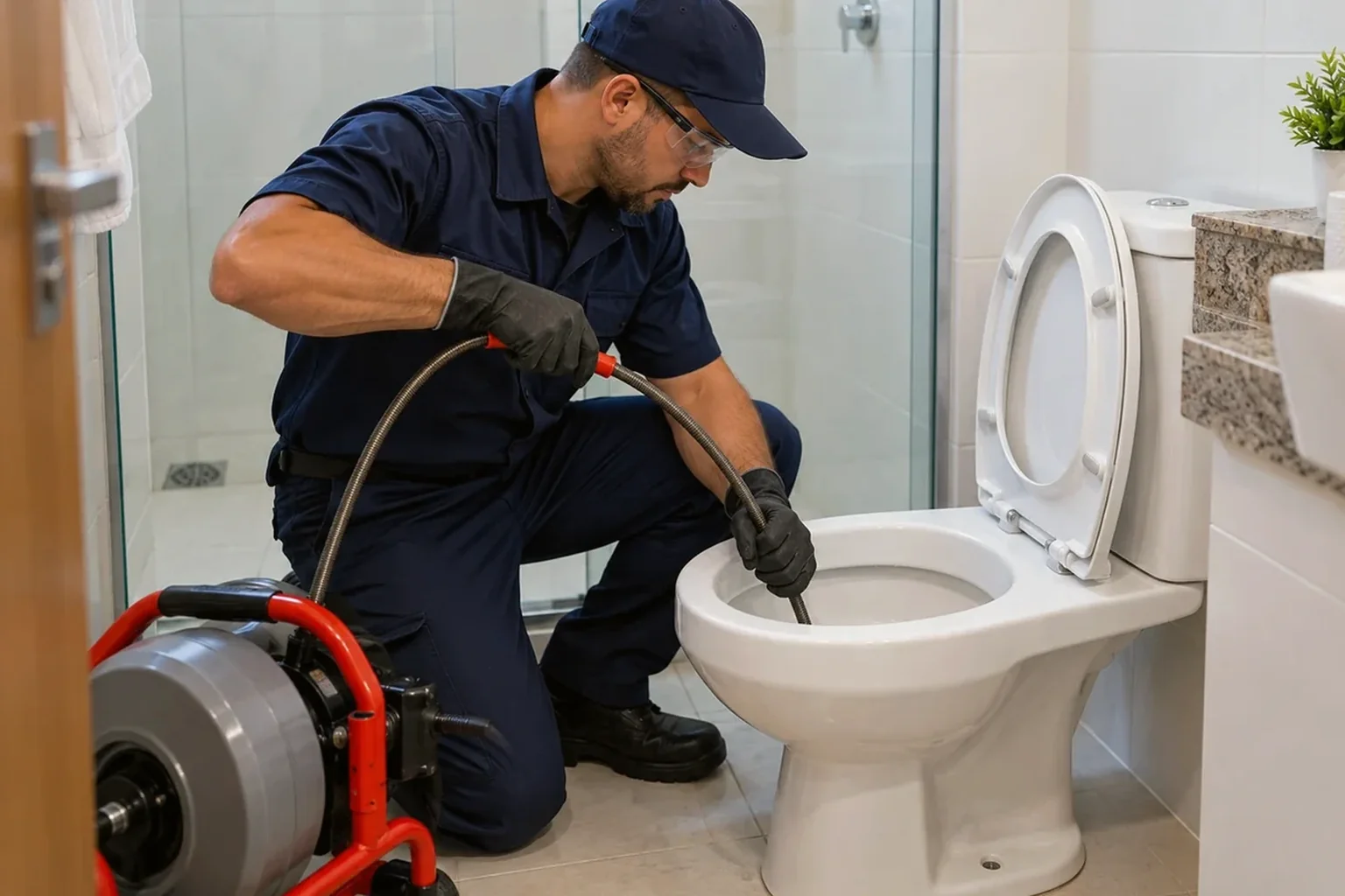 Especialista desentupindo vaso sanitário em Luís Eduardo Magalhães.