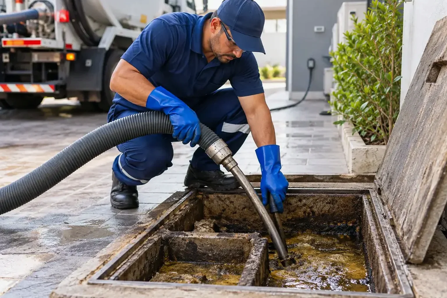 Técnico limpando caixa de gordura em Luís Eduardo Magalhães.